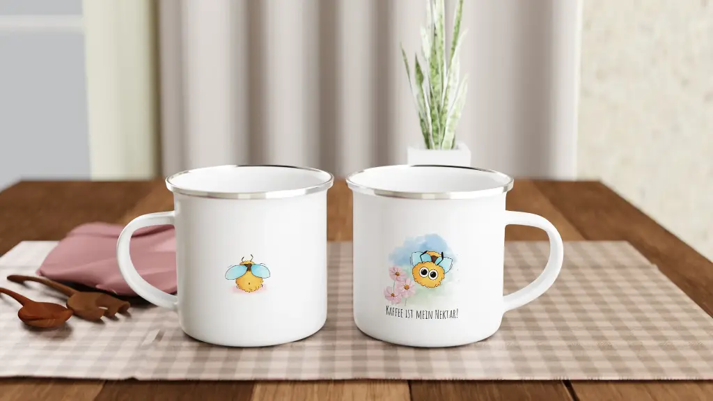 Weiße Emaille-Tasse (12oz) Rosengarten2005 Design "Kaffee ist mein Nektar!"