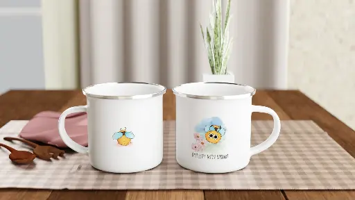 Weiße Emaille-Tasse (12oz) Rosengarten2005 Design "Kaffee ist mein Nektar!"