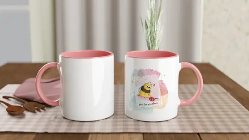 Weiße Keramiktasse 11oz mit Farbe an der Innenseite im  Rosengarten2005 Design "Don't lose your flower!"